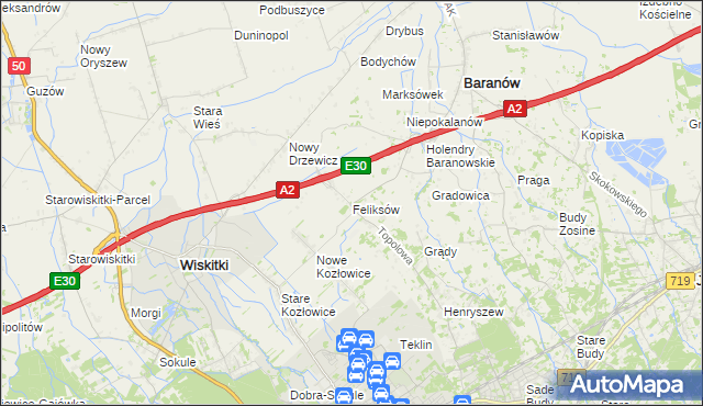 mapa Feliksów gmina Wiskitki, Feliksów gmina Wiskitki na mapie Targeo