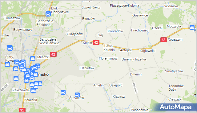 mapa Florentynów gmina Kodrąb, Florentynów gmina Kodrąb na mapie Targeo