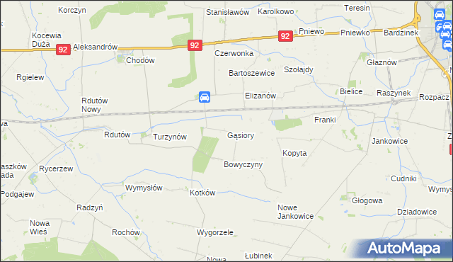 mapa Gąsiory gmina Chodów, Gąsiory gmina Chodów na mapie Targeo