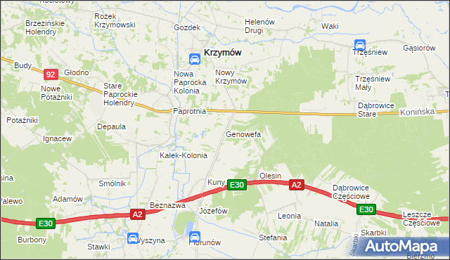 mapa Genowefa gmina Krzymów, Genowefa gmina Krzymów na mapie Targeo