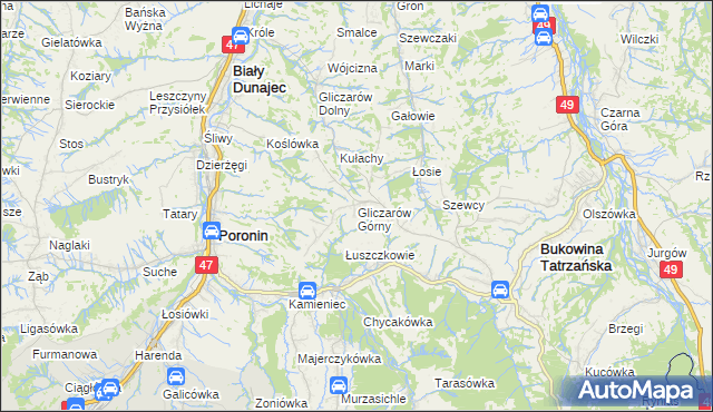 mapa Gliczarów Górny, Gliczarów Górny na mapie Targeo