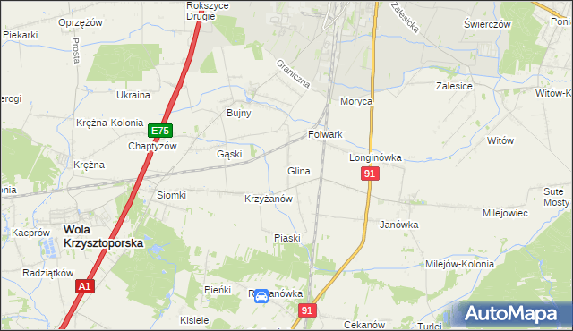 mapa Glina gmina Wola Krzysztoporska, Glina gmina Wola Krzysztoporska na mapie Targeo