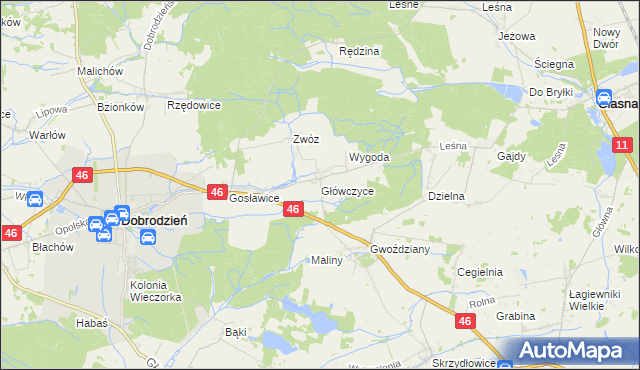 mapa Główczyce gmina Dobrodzień, Główczyce gmina Dobrodzień na mapie Targeo