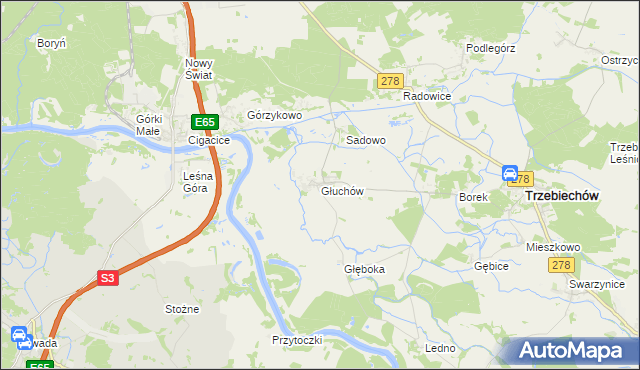 mapa Głuchów gmina Trzebiechów, Głuchów gmina Trzebiechów na mapie Targeo