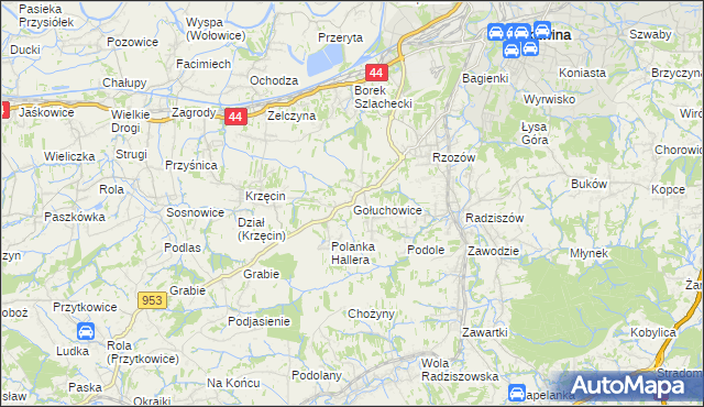 mapa Gołuchowice gmina Skawina, Gołuchowice gmina Skawina na mapie Targeo