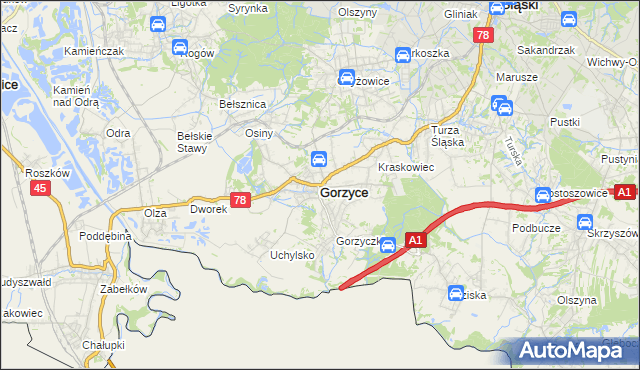 mapa Gorzyce powiat wodzisławski, Gorzyce powiat wodzisławski na mapie Targeo