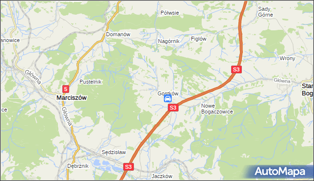 mapa Gostków gmina Stare Bogaczowice, Gostków gmina Stare Bogaczowice na mapie Targeo