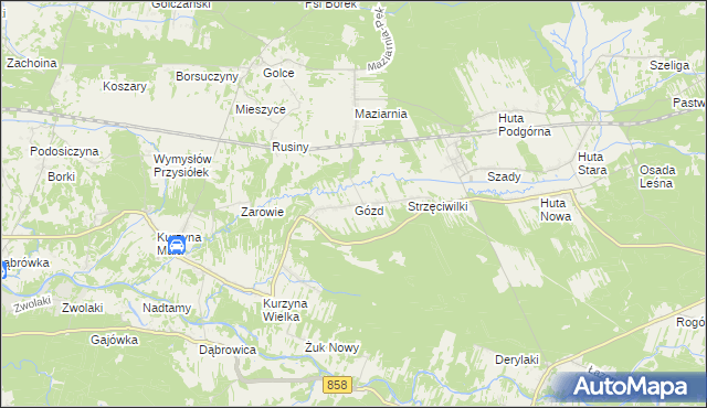 mapa Gózd gmina Harasiuki, Gózd gmina Harasiuki na mapie Targeo