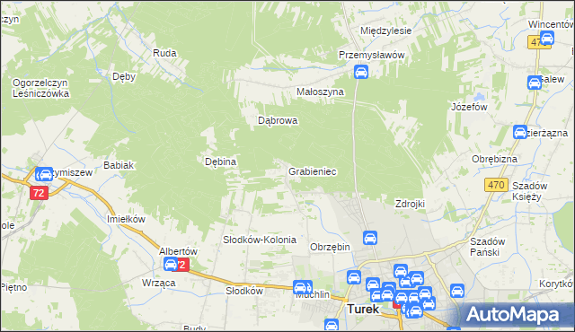 mapa Grabieniec gmina Turek, Grabieniec gmina Turek na mapie Targeo