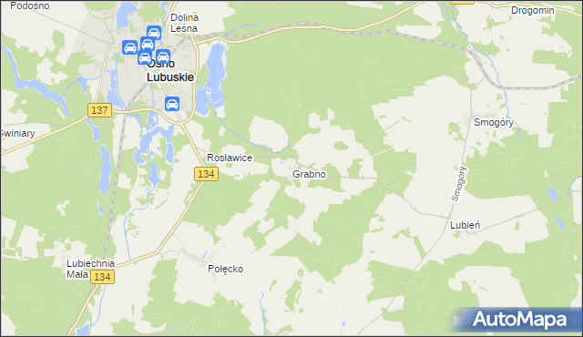 mapa Grabno gmina Ośno Lubuskie, Grabno gmina Ośno Lubuskie na mapie Targeo