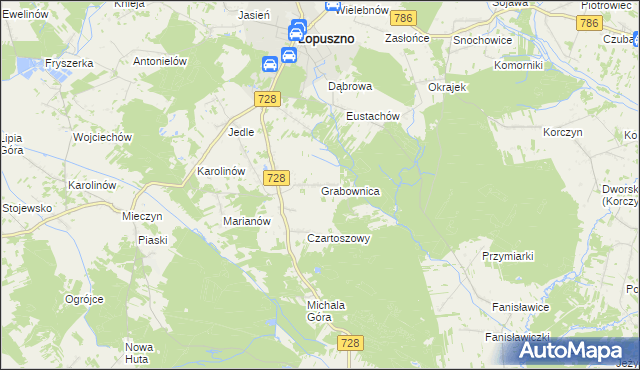 mapa Grabownica gmina Łopuszno, Grabownica gmina Łopuszno na mapie Targeo