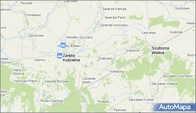 mapa Grabowo gmina Zaręby Kościelne, Grabowo gmina Zaręby Kościelne na mapie Targeo