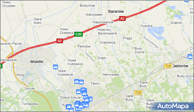 mapa Grądy gmina Jaktorów, Grądy gmina Jaktorów na mapie Targeo