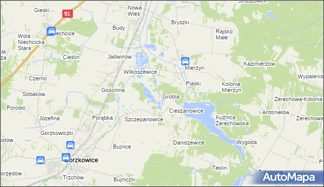 mapa Grobla gmina Rozprza, Grobla gmina Rozprza na mapie Targeo