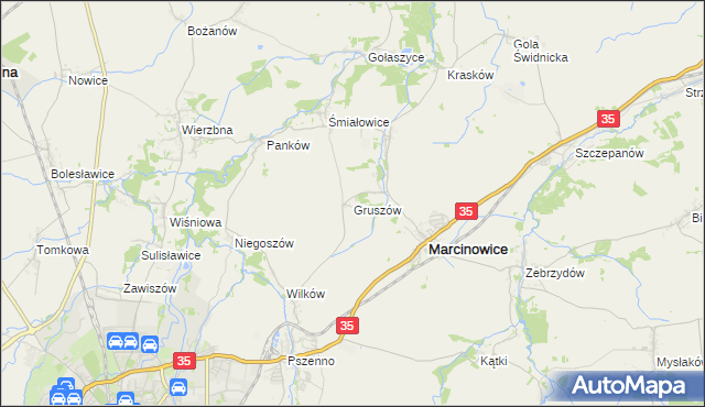 mapa Gruszów gmina Marcinowice, Gruszów gmina Marcinowice na mapie Targeo