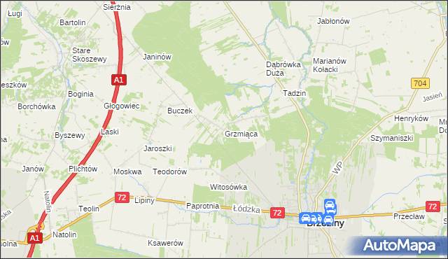 mapa Grzmiąca gmina Brzeziny, Grzmiąca gmina Brzeziny na mapie Targeo