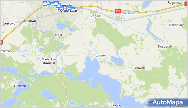 mapa Gudowo gmina Drawsko Pomorskie, Gudowo gmina Drawsko Pomorskie na mapie Targeo
