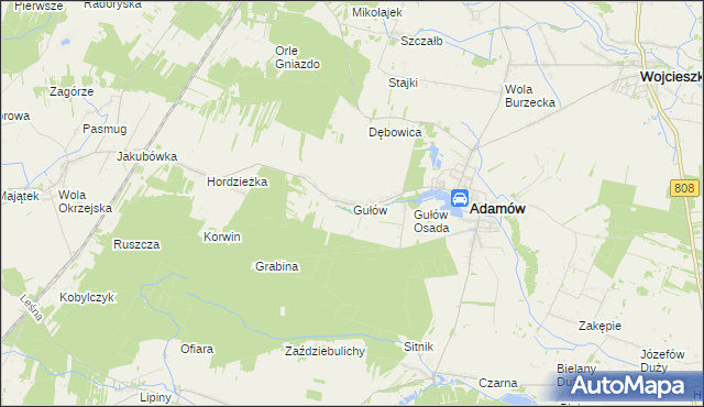 mapa Gułów gmina Adamów, Gułów gmina Adamów na mapie Targeo