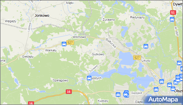 mapa Gutkowo gmina Jonkowo, Gutkowo gmina Jonkowo na mapie Targeo