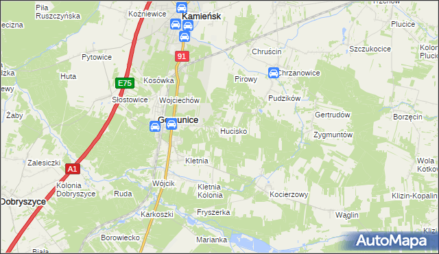 mapa Hucisko gmina Gomunice, Hucisko gmina Gomunice na mapie Targeo