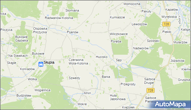 mapa Hucisko gmina Słupia Konecka, Hucisko gmina Słupia Konecka na mapie Targeo