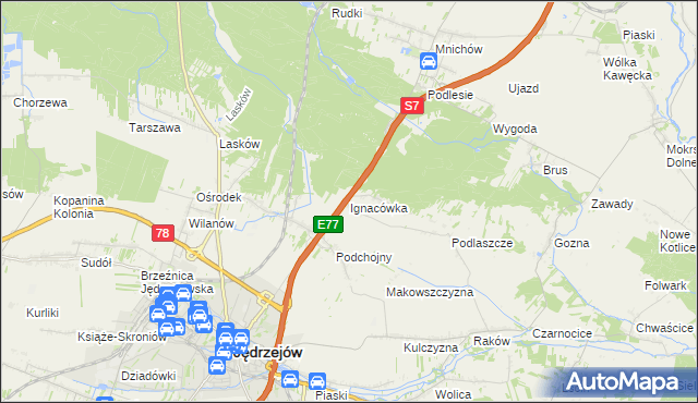 mapa Ignacówka gmina Jędrzejów, Ignacówka gmina Jędrzejów na mapie Targeo