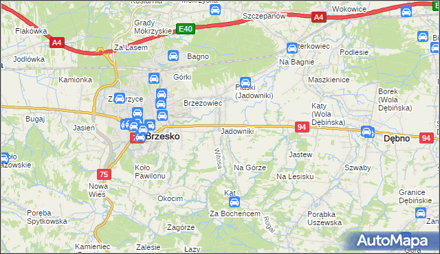 mapa Jadowniki gmina Brzesko, Jadowniki gmina Brzesko na mapie Targeo