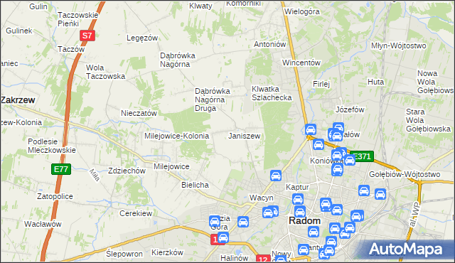 mapa Janiszew gmina Zakrzew, Janiszew gmina Zakrzew na mapie Targeo