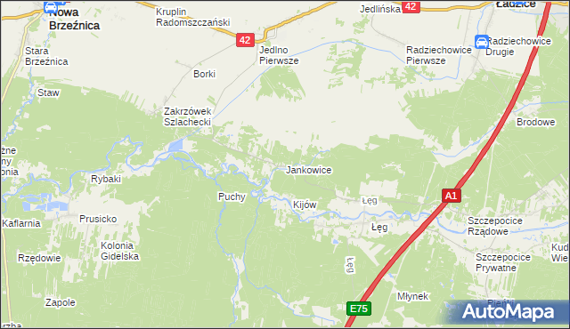 mapa Jankowice gmina Ładzice, Jankowice gmina Ładzice na mapie Targeo