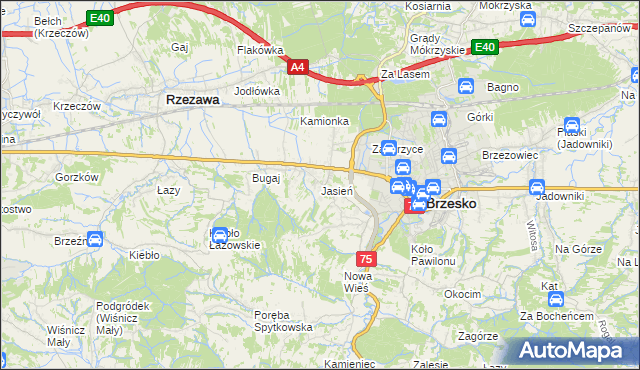 mapa Jasień gmina Brzesko, Jasień gmina Brzesko na mapie Targeo