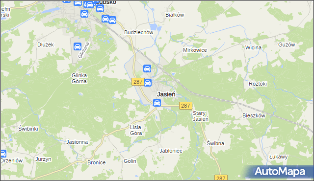 mapa Jasień powiat żarski, Jasień powiat żarski na mapie Targeo