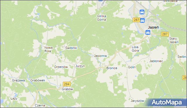 mapa Jasionna gmina Jasień, Jasionna gmina Jasień na mapie Targeo