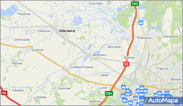 mapa Jezierzany gmina Miłkowice, Jezierzany gmina Miłkowice na mapie Targeo