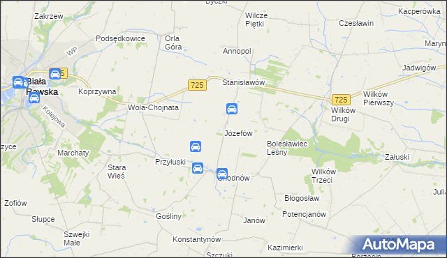 mapa Józefów gmina Biała Rawska, Józefów gmina Biała Rawska na mapie Targeo