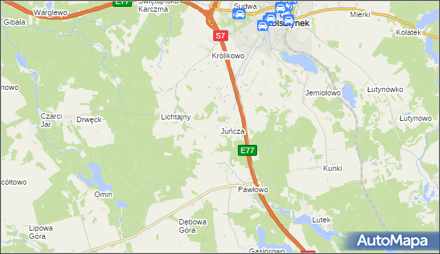 mapa Juńcza gmina Olsztynek, Juńcza gmina Olsztynek na mapie Targeo
