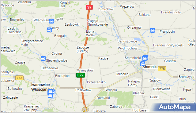 mapa Kacice gmina Słomniki, Kacice gmina Słomniki na mapie Targeo