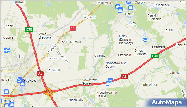 mapa Kalinów gmina Stryków, Kalinów gmina Stryków na mapie Targeo