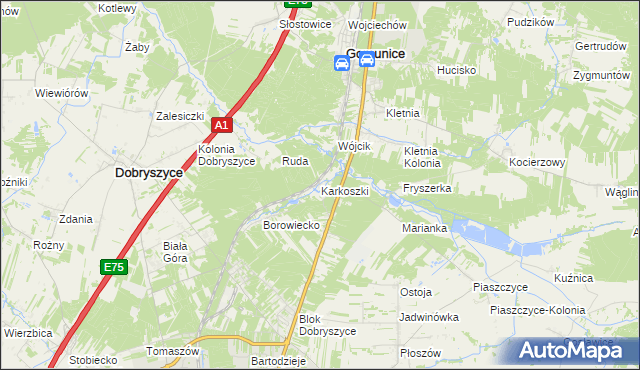 mapa Karkoszki gmina Gomunice, Karkoszki gmina Gomunice na mapie Targeo