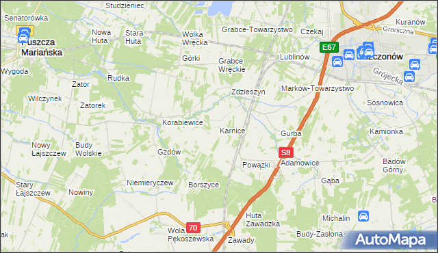 mapa Karnice gmina Puszcza Mariańska, Karnice gmina Puszcza Mariańska na mapie Targeo