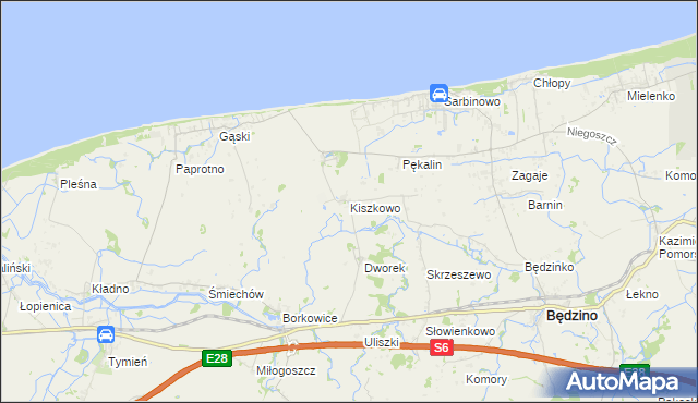 mapa Kiszkowo gmina Będzino, Kiszkowo gmina Będzino na mapie Targeo