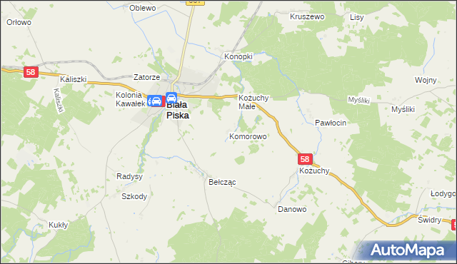 mapa Komorowo gmina Biała Piska, Komorowo gmina Biała Piska na mapie Targeo