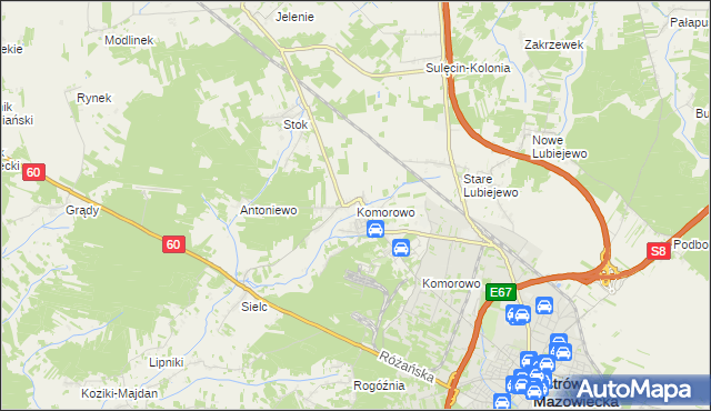 mapa Komorowo gmina Ostrów Mazowiecka, Komorowo gmina Ostrów Mazowiecka na mapie Targeo