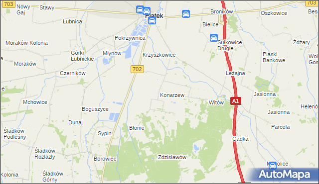 mapa Konarzew gmina Piątek, Konarzew gmina Piątek na mapie Targeo