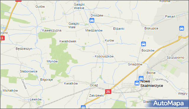 mapa Kościuszków gmina Nowe Skalmierzyce, Kościuszków gmina Nowe Skalmierzyce na mapie Targeo