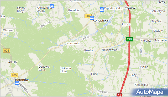 mapa Kowale gmina Konopiska, Kowale gmina Konopiska na mapie Targeo