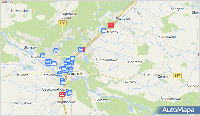 mapa Kowanowo gmina Oborniki, Kowanowo gmina Oborniki na mapie Targeo