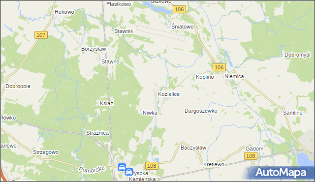 mapa Kozielice gmina Golczewo, Kozielice gmina Golczewo na mapie Targeo