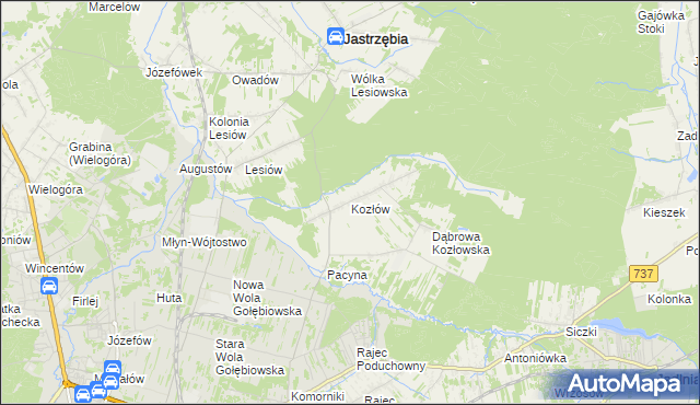 mapa Kozłów gmina Jastrzębia, Kozłów gmina Jastrzębia na mapie Targeo