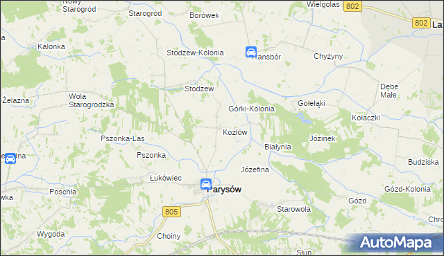 mapa Kozłów gmina Parysów, Kozłów gmina Parysów na mapie Targeo