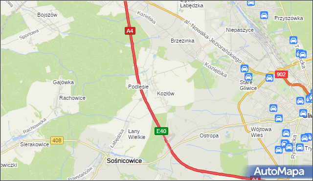 mapa Kozłów gmina Sośnicowice, Kozłów gmina Sośnicowice na mapie Targeo